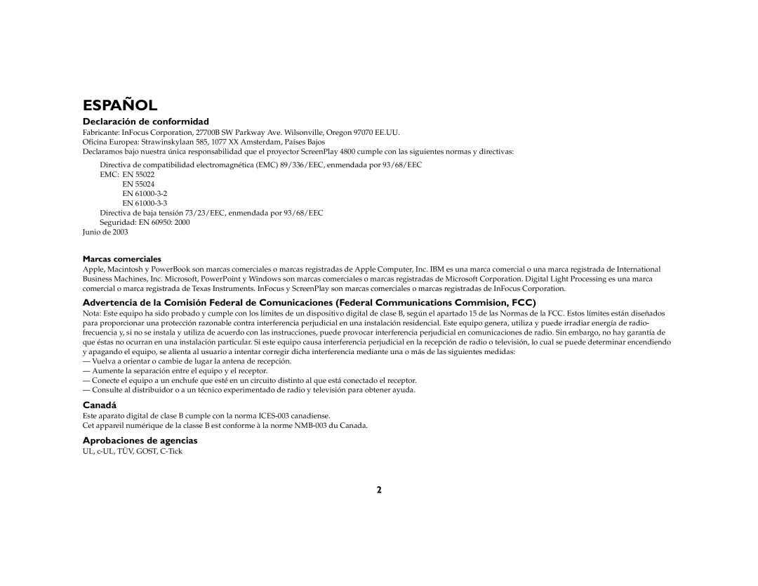 Jabra 4800 manual Declaración de conformidad, Canadá, Aprobaciones de agencias, Marcas comerciales 