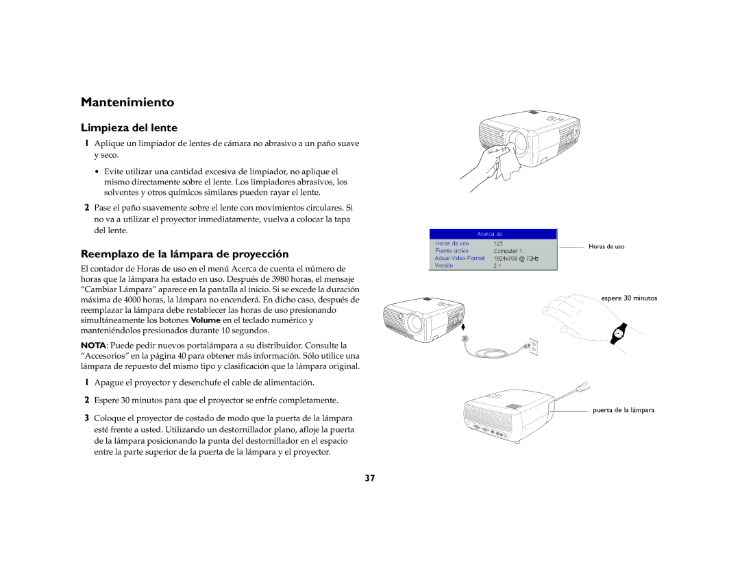 Jabra 4800 manual Mantenimiento, Limpieza del lente, Reemplazo de la lámpara de proyección 