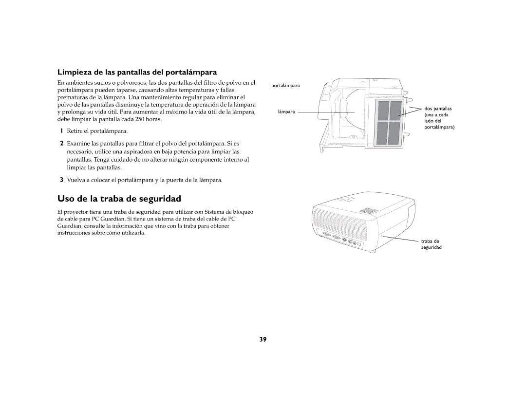 Jabra 4800 manual Uso de la traba de seguridad, Limpieza de las pantallas del portalámpara, Portalámpara Lámpara 