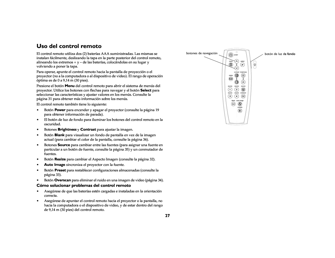 Jabra 4800 manual Uso del control remoto, Cómo solucionar problemas del control remoto 