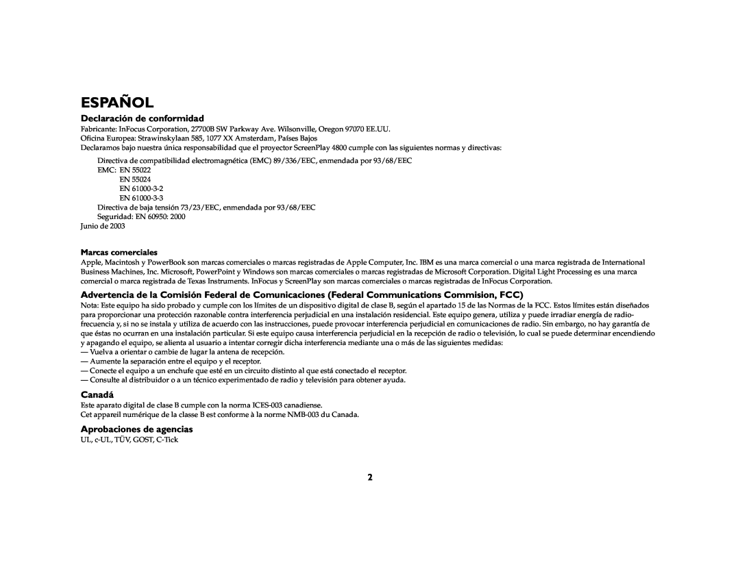Jabra 4800 manual Declaración de conformidad, Canadá, Aprobaciones de agencias, Español 