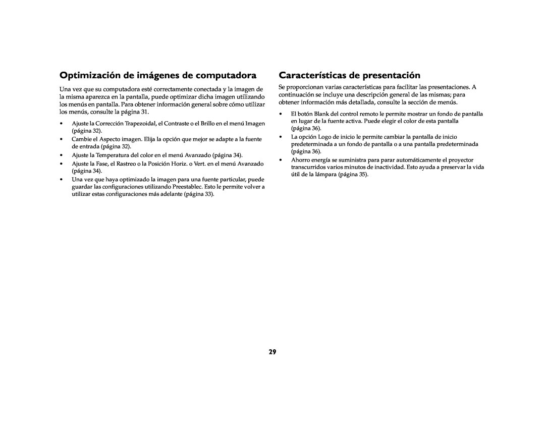 Jabra 4800 manual Optimización de imágenes de computadora, Características de presentación 