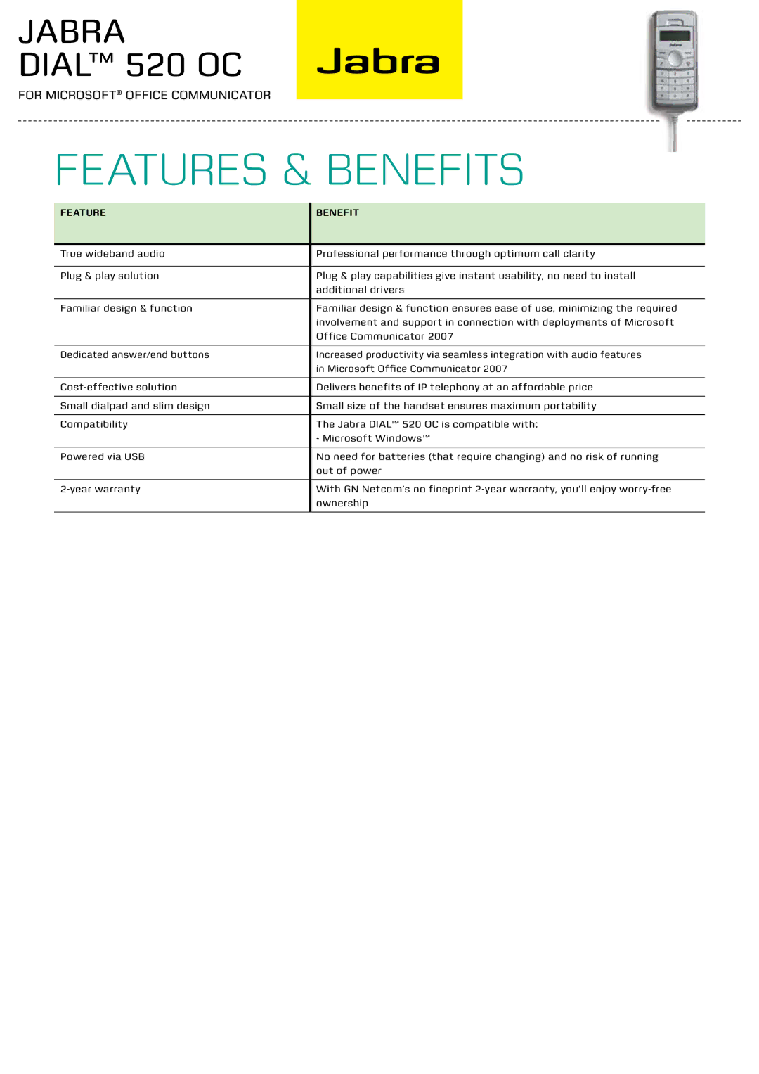 Jabra 520 OC manual FEATUREs & BENEFITs, Feature Benefit 