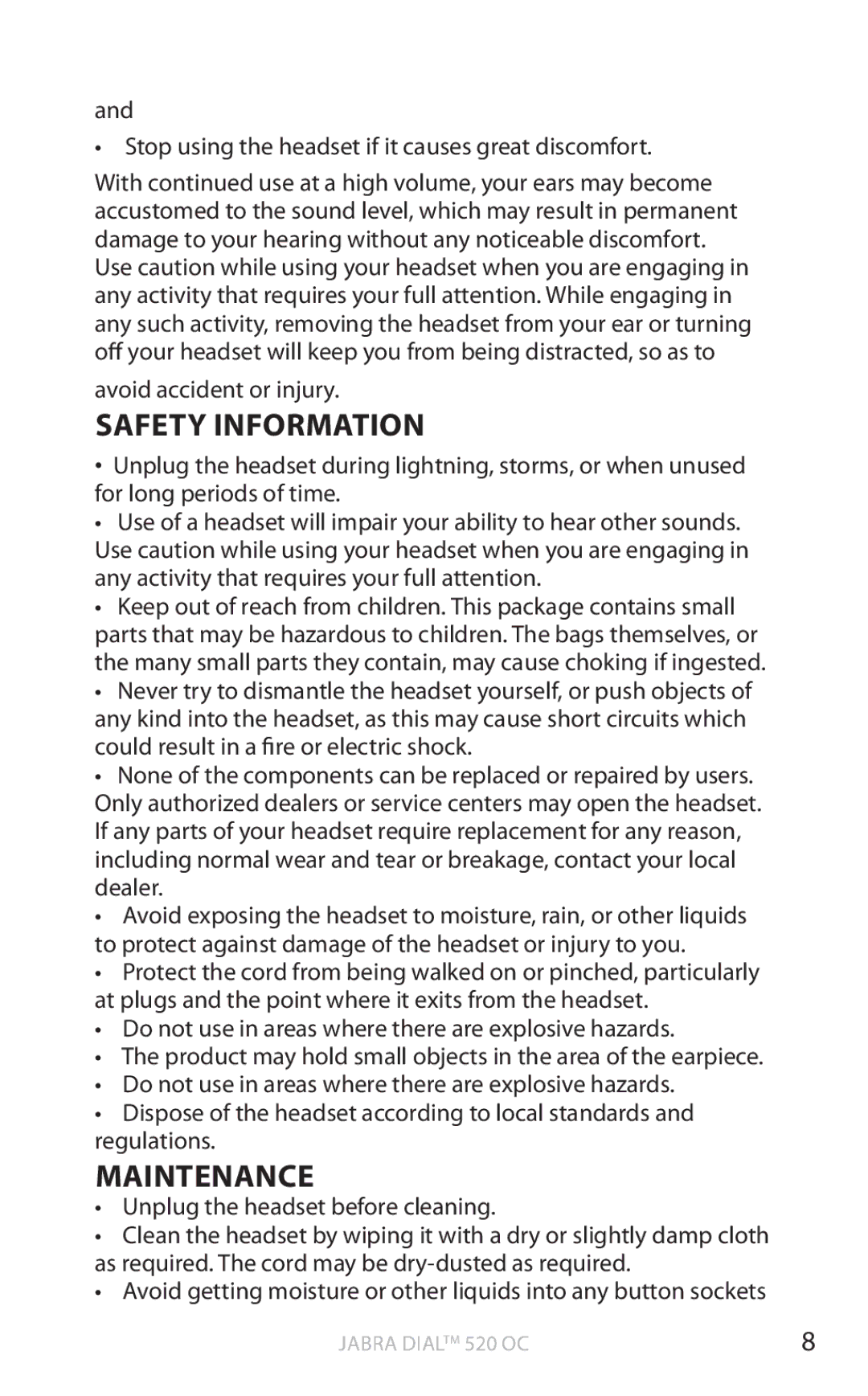 Jabra 520 OC user manual Safety Information, Maintenance 