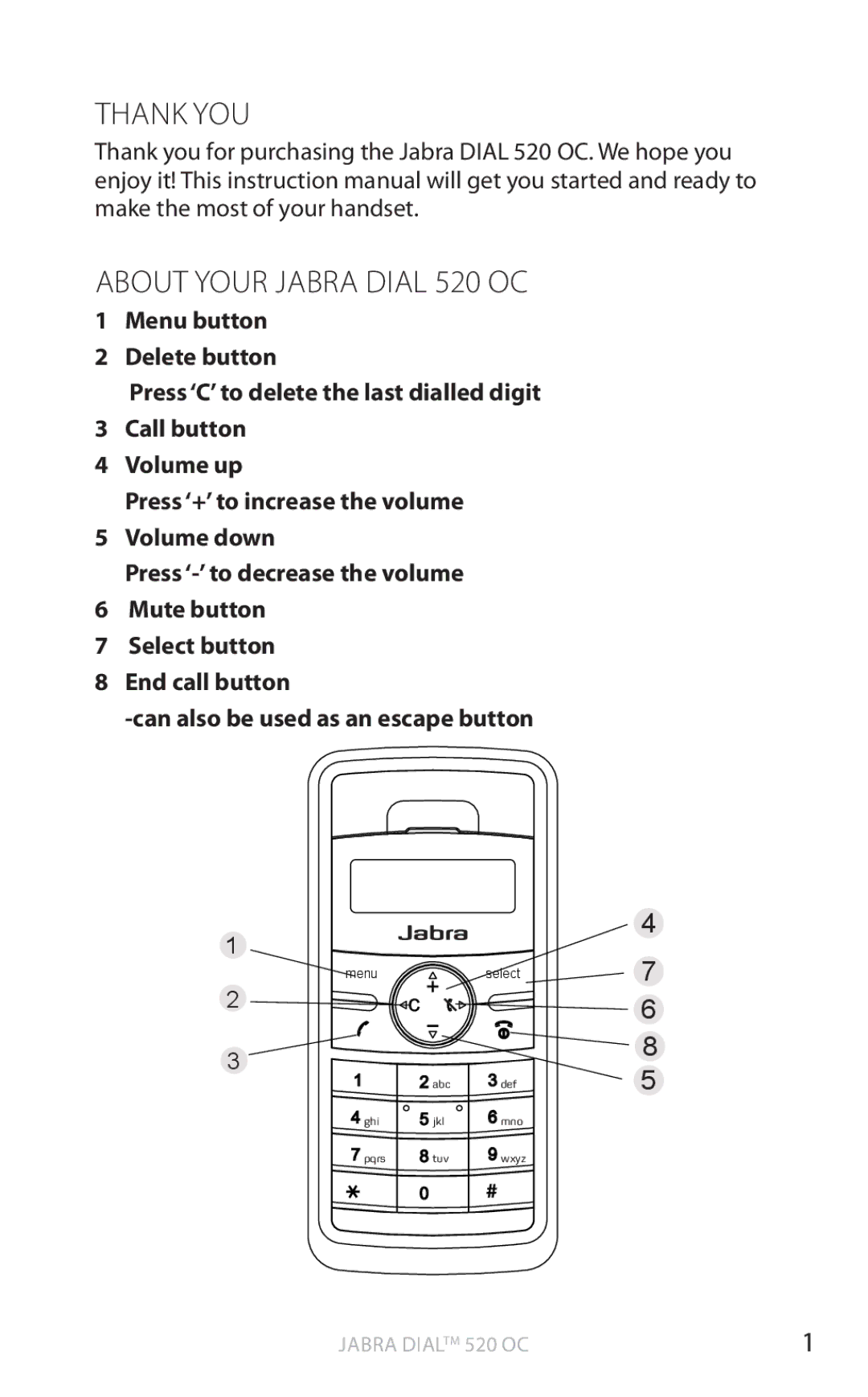 Jabra 520 OC user manual Thank YOU, About Your Jabra dial 520 oc 