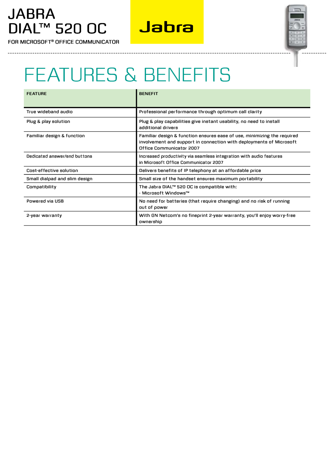 Jabra manual FEATUREs & BENEFITs, Jabra DIAL 520 OC, for Microsoft Office Communicator, Feature, Benefit 