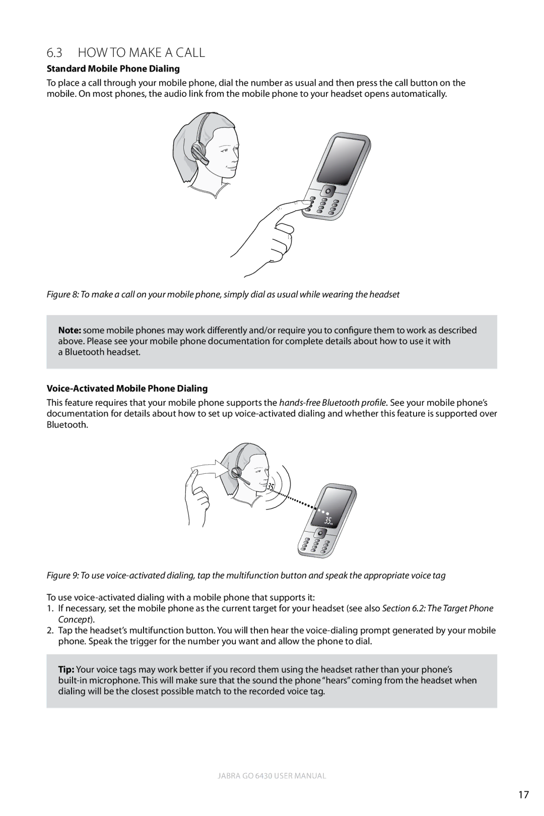 Jabra 6430 user manual How to make a call, Standard Mobile Phone Dialing, Voice-Activated Mobile Phone Dialing 