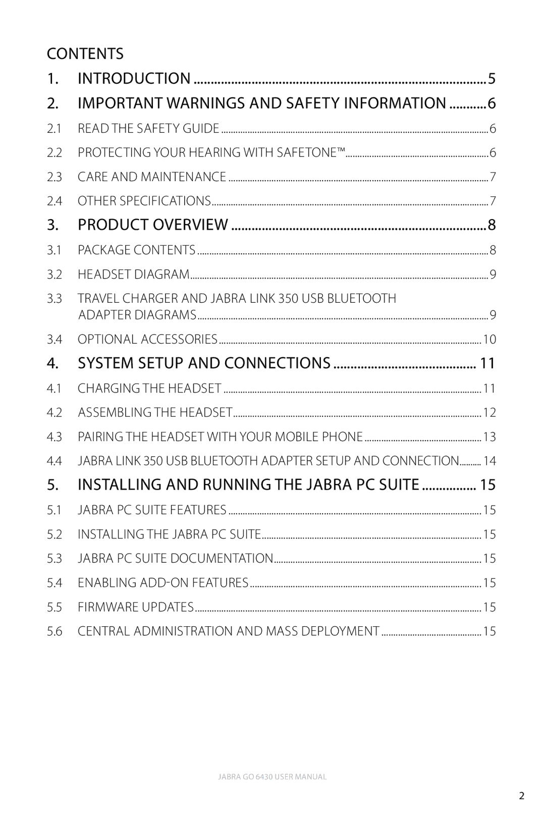 Jabra 6430 user manual Important Warnings and Safety Information, Travel Charger and Jabra Link 350 USB Bluetooth 