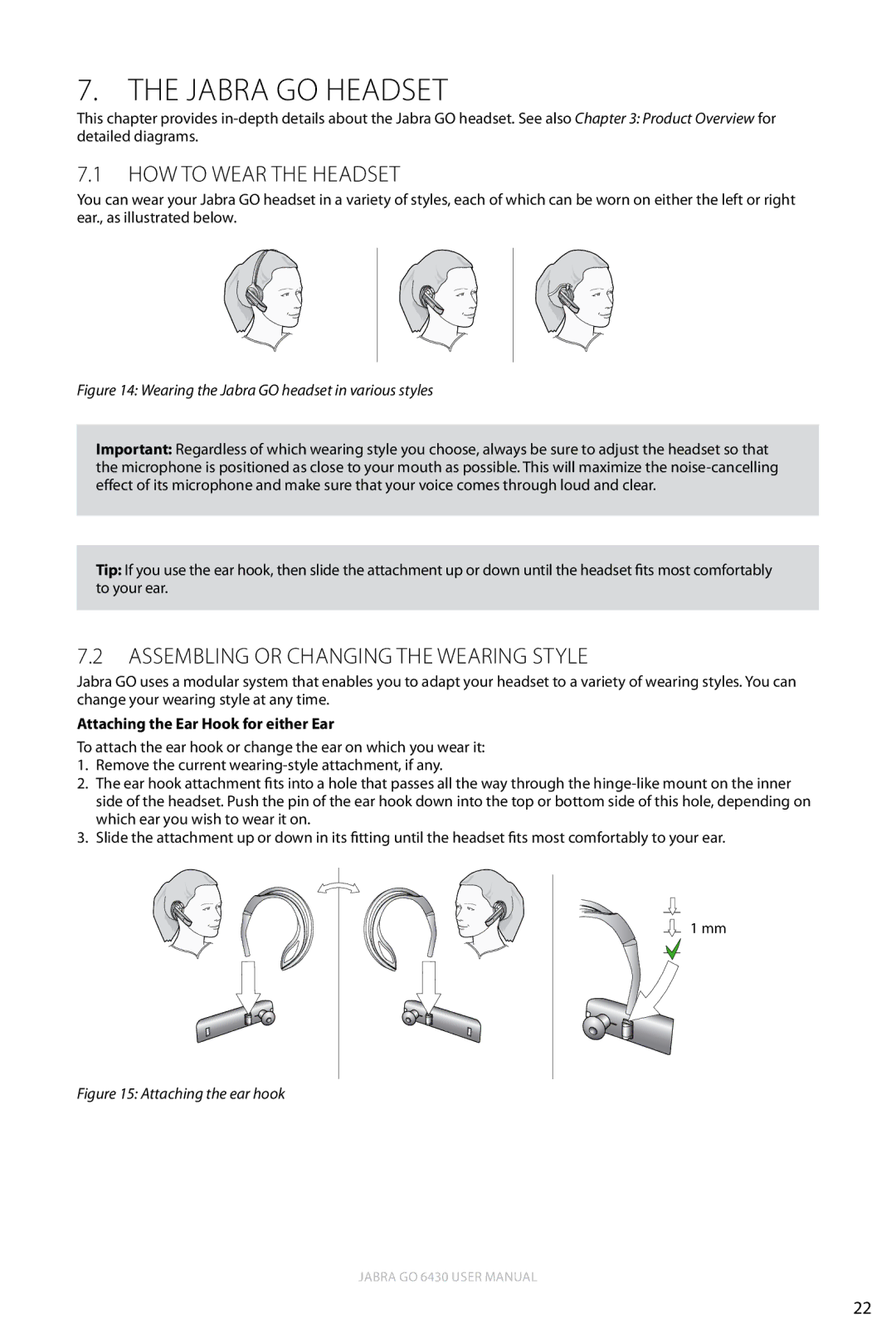 Jabra 6430 user manual Jabra GO Headset, How to Wear the Headset, Assembling or Changing the Wearing Style 