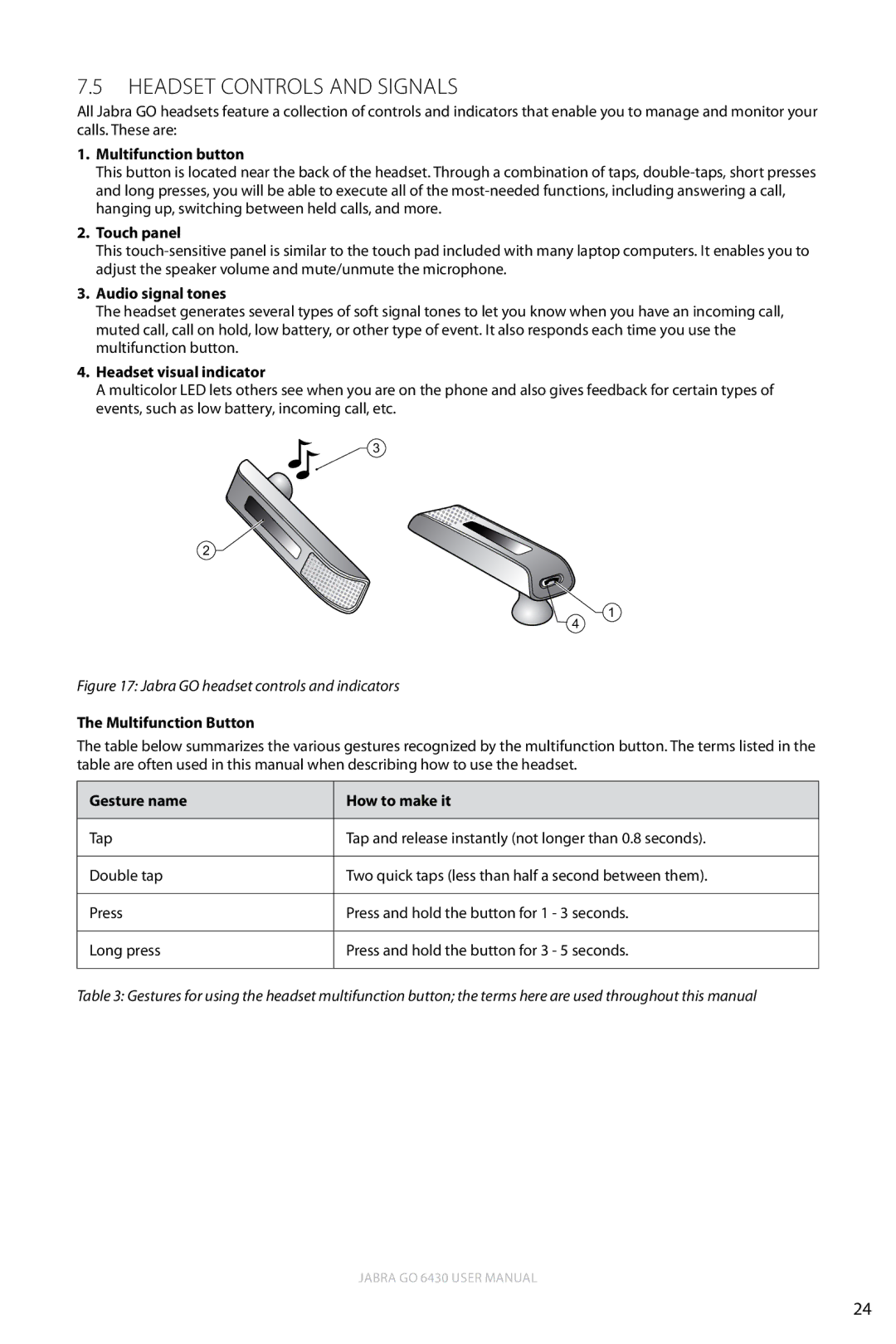 Jabra 6430 user manual Headset Controls and Signals, Touch panel, Audio signal tones, Headset visual indicator 