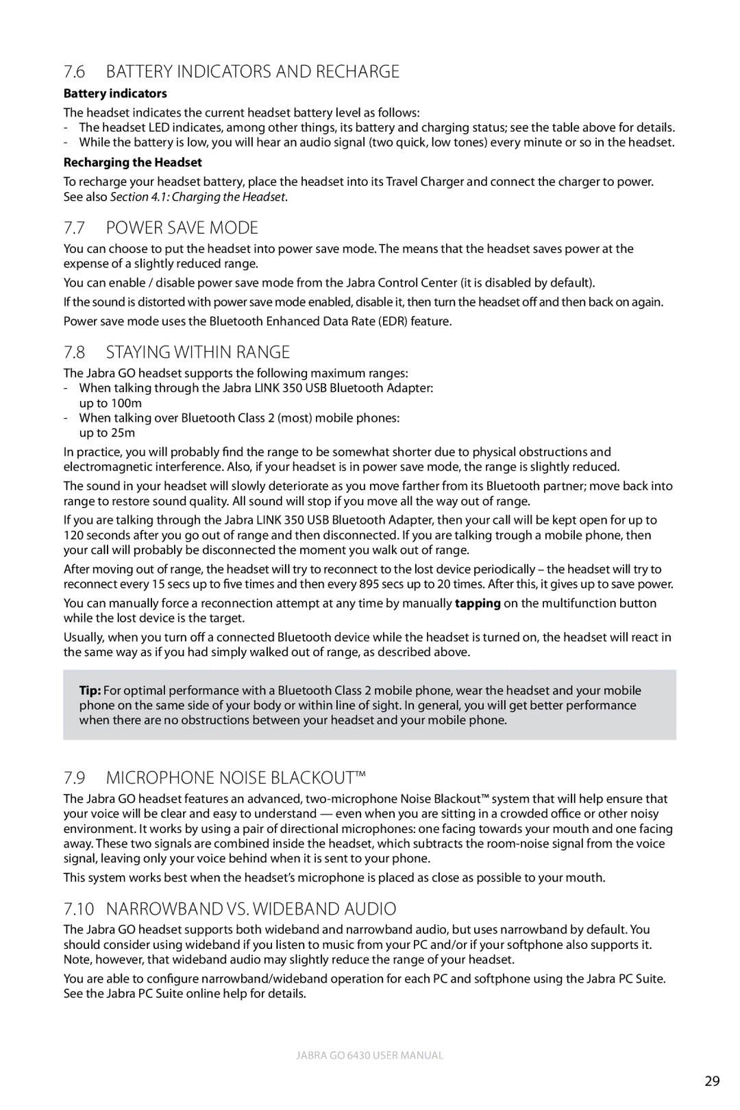 Jabra 6430 user manual Battery Indicators and Recharge, POwer save mode, Staying within Range, Microphone Noise Blackout 