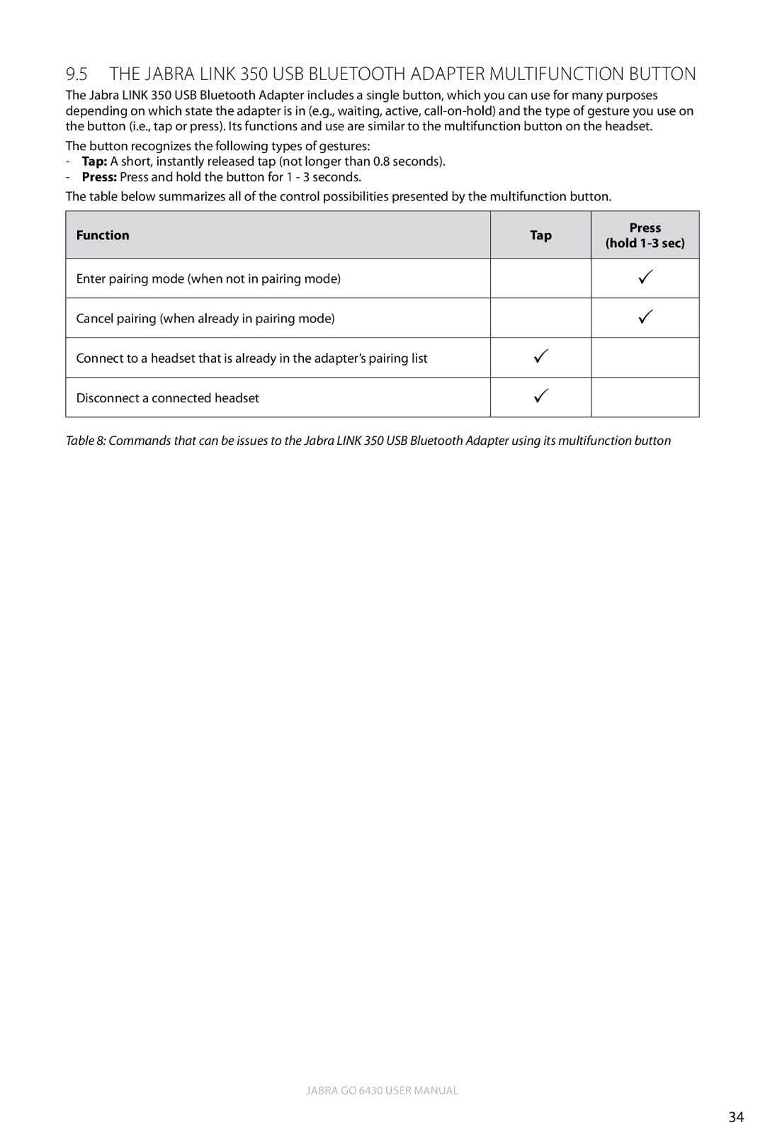 Jabra 6430 user manual Jabra Link 350 USB Bluetooth Adapter Multifunction Button, Function Tap Press 