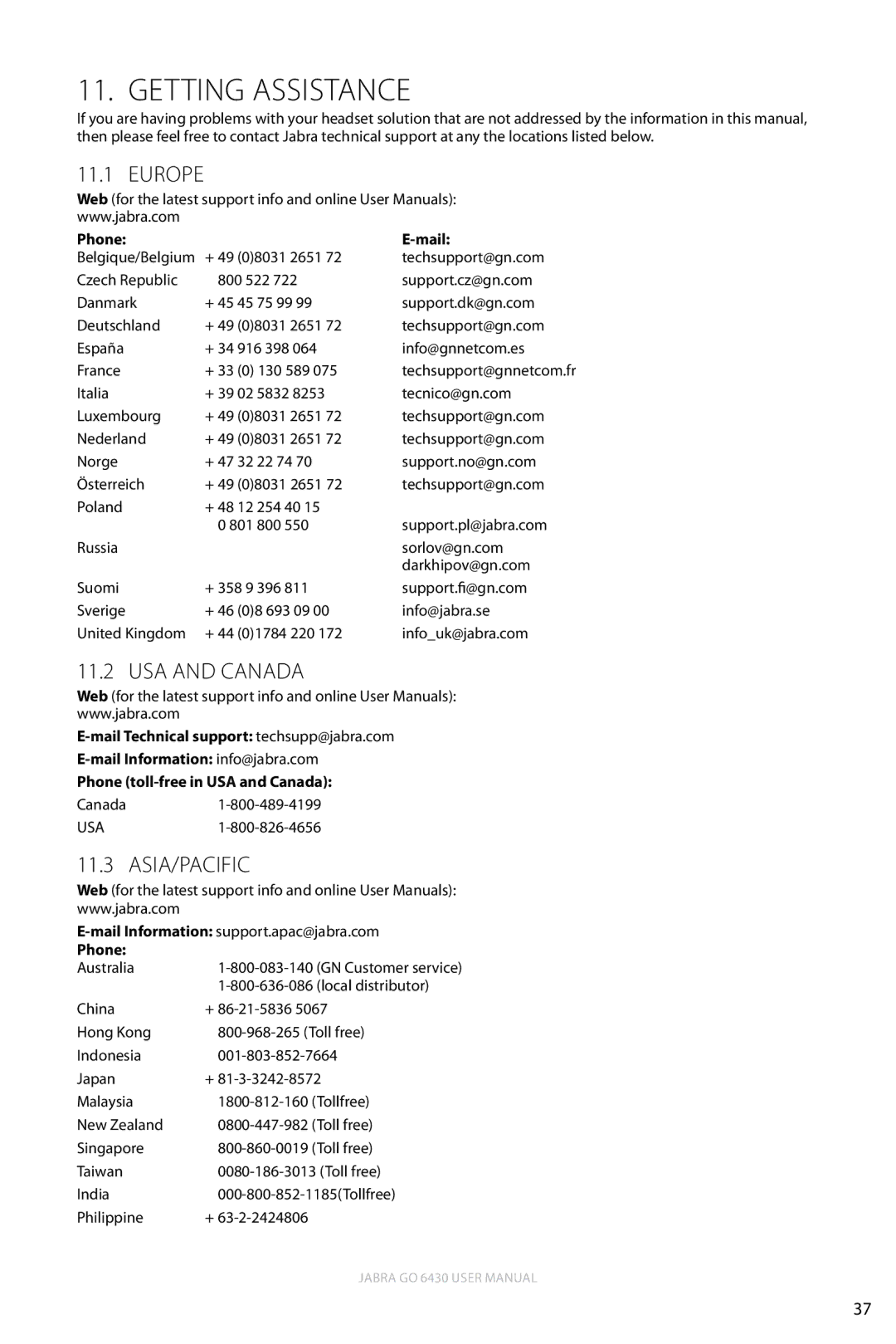 Jabra 6430 user manual Getting Assistance, Europe, USA and Canada, Asia/Pacific 