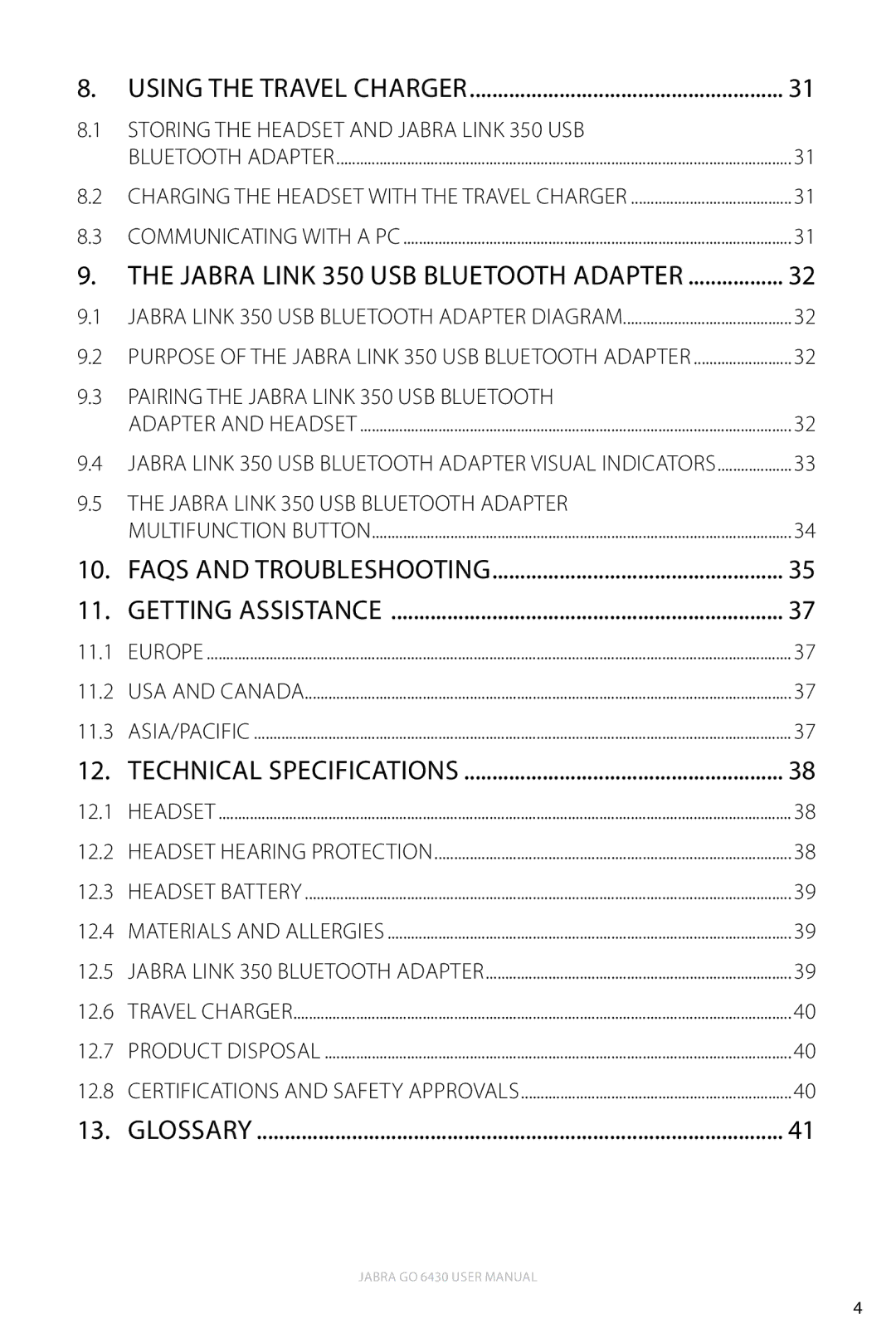 Jabra 6430 Storing the Headset and Jabra Link 350 USB, Pairing the Jabra Link 350 USB Bluetooth, 11.1, 11.2, 11.3, 12.1 