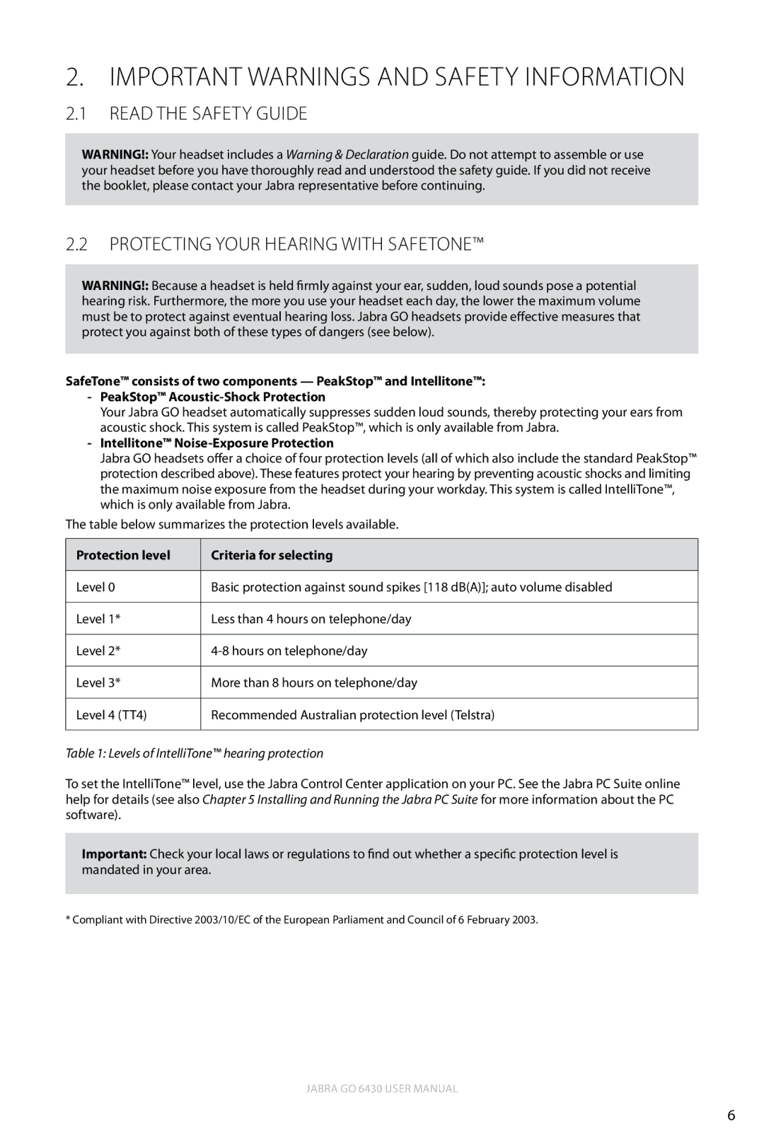 Jabra 6430 Important Warnings and Safety Information, Read the Safety Guide Protecting your Hearing with SafeTone 