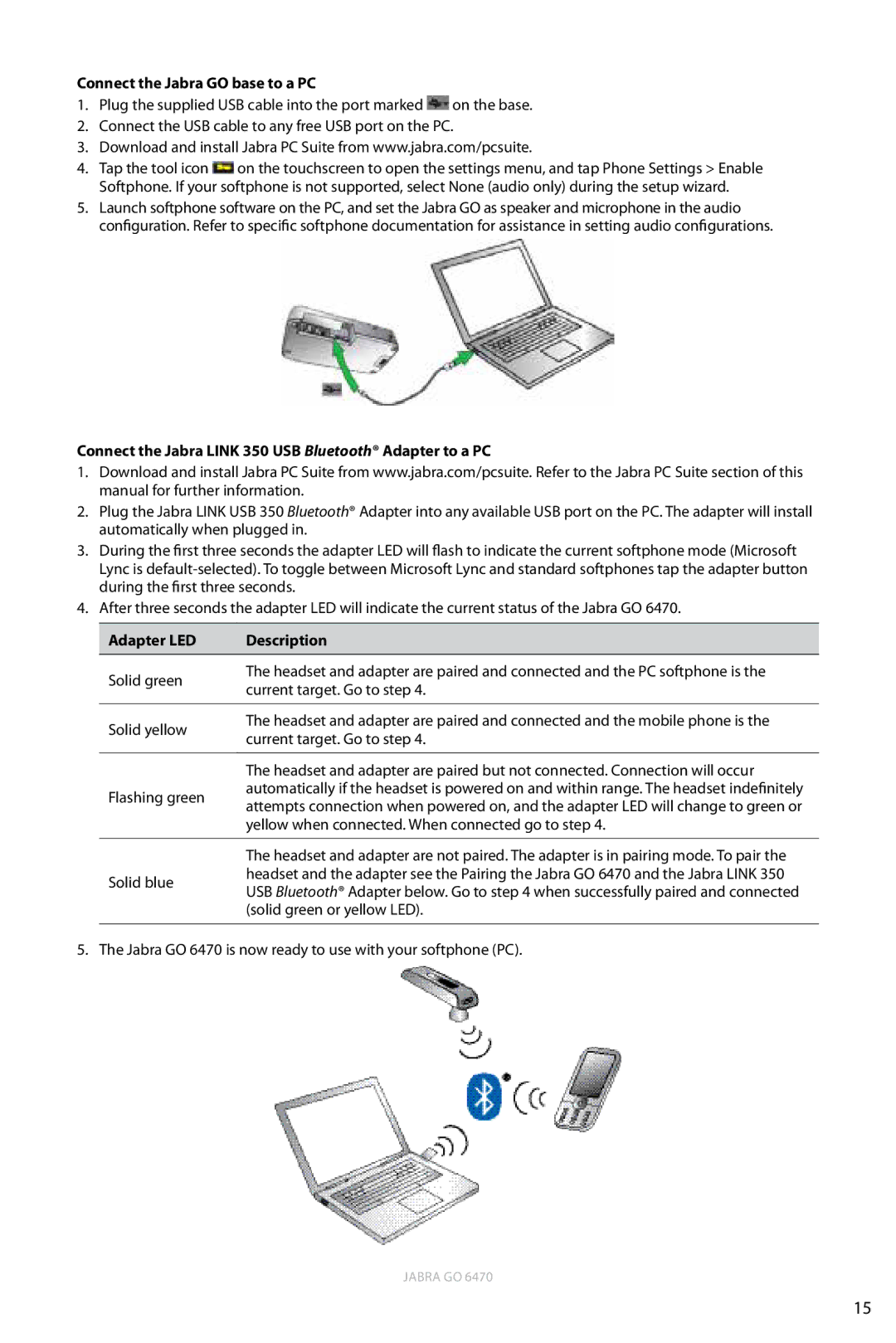 Jabra 6470 user manual Connect the Jabra GO base to a PC, Connect the Jabra Link 350 USB Bluetooth Adapter to a PC 