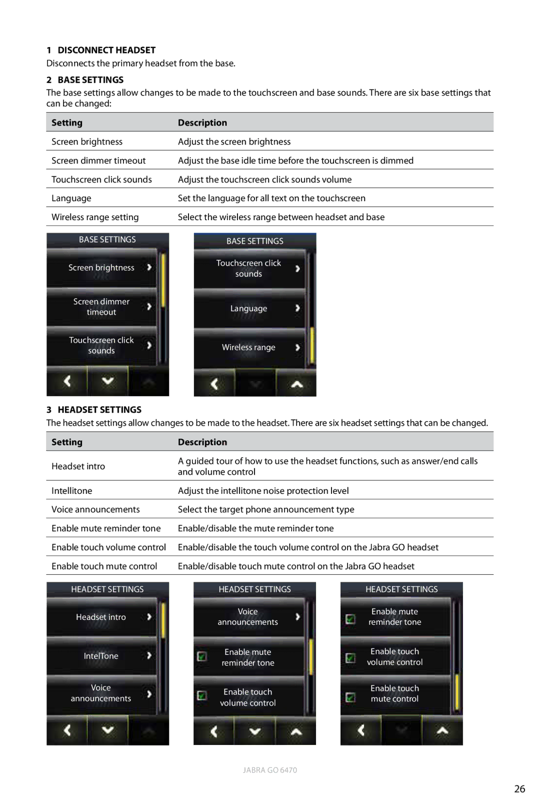 Jabra 6470 user manual Base Settings, Setting Description 