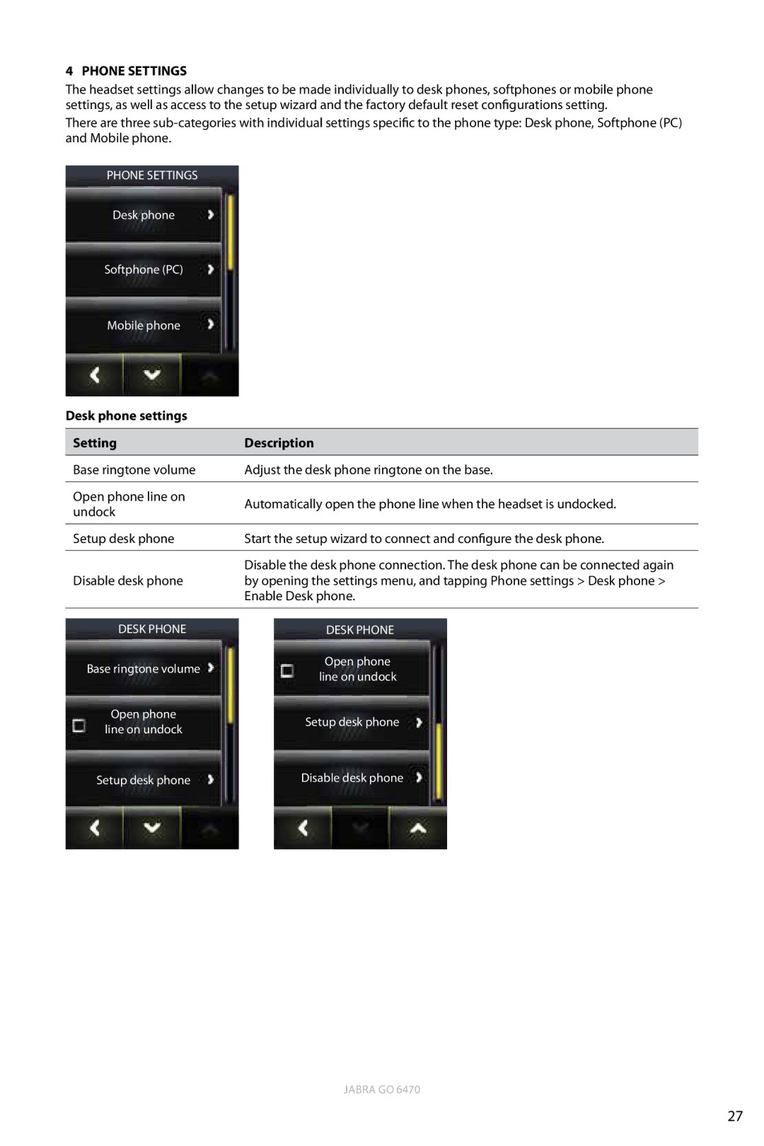 Jabra 6470 user manual Phone Settings, Desk phone settings Setting Description 