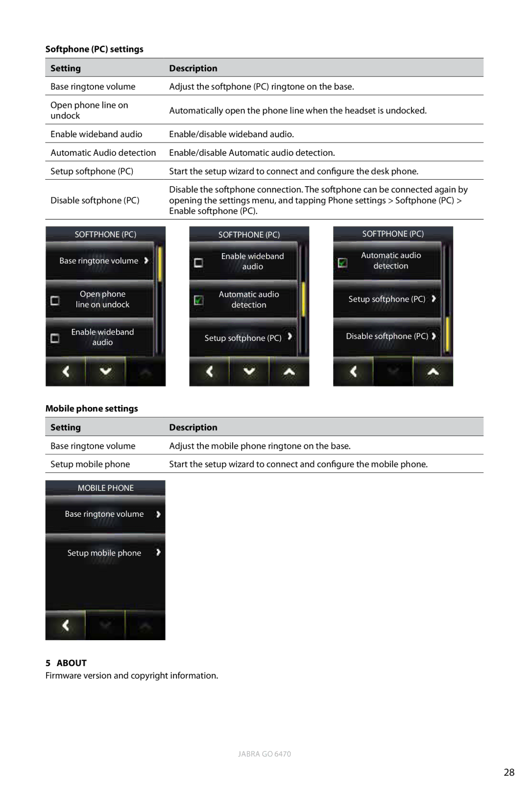 Jabra 6470 user manual Softphone PC settings Setting Description, Mobile phone settings Setting Description 