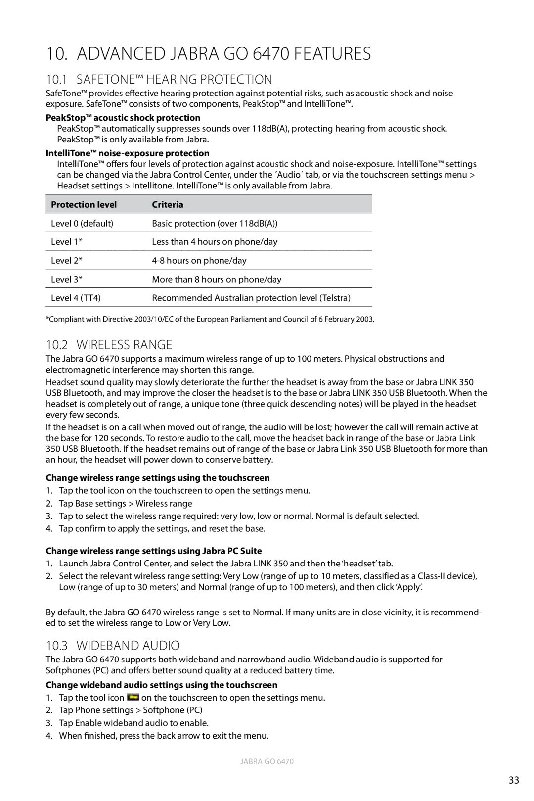 Jabra user manual Advanced Jabra GO 6470 Features, Safetone Hearing Protection, Wireless Range, Wideband Audio 