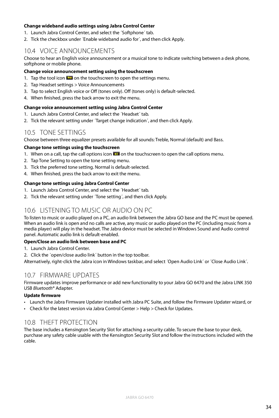 Jabra 6470 Voice Announcements, Tone Settings, Listening to Music or Audio on PC, Firmware Updates, Theft Protection 