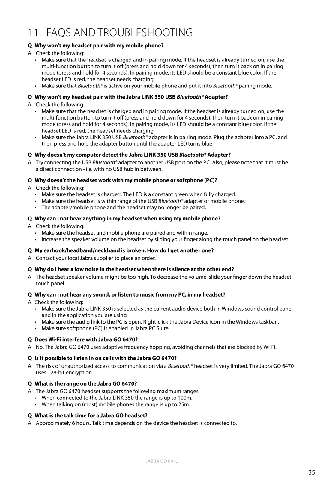 Jabra FAQs and troubleshooting, Does Wi-Fi interfere with Jabra GO 6470?, What is the range on the Jabra GO 6470? 