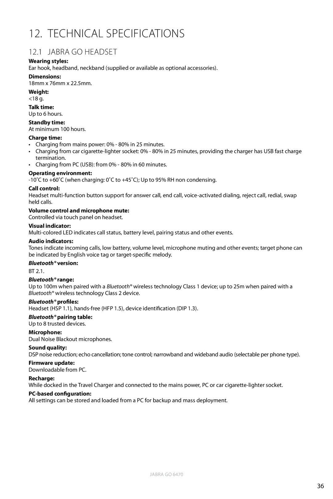 Jabra 6470 user manual Technical Specifications, Jabra GO Headset 