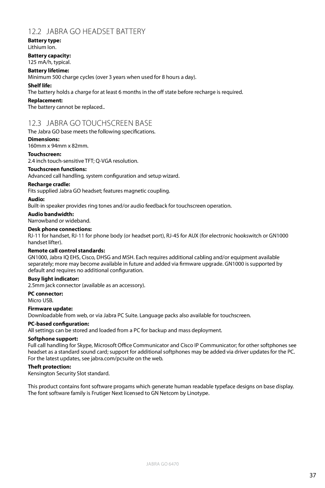 Jabra 6470 user manual Jabra GO Headset Battery, Jabra GO Touchscreen Base 