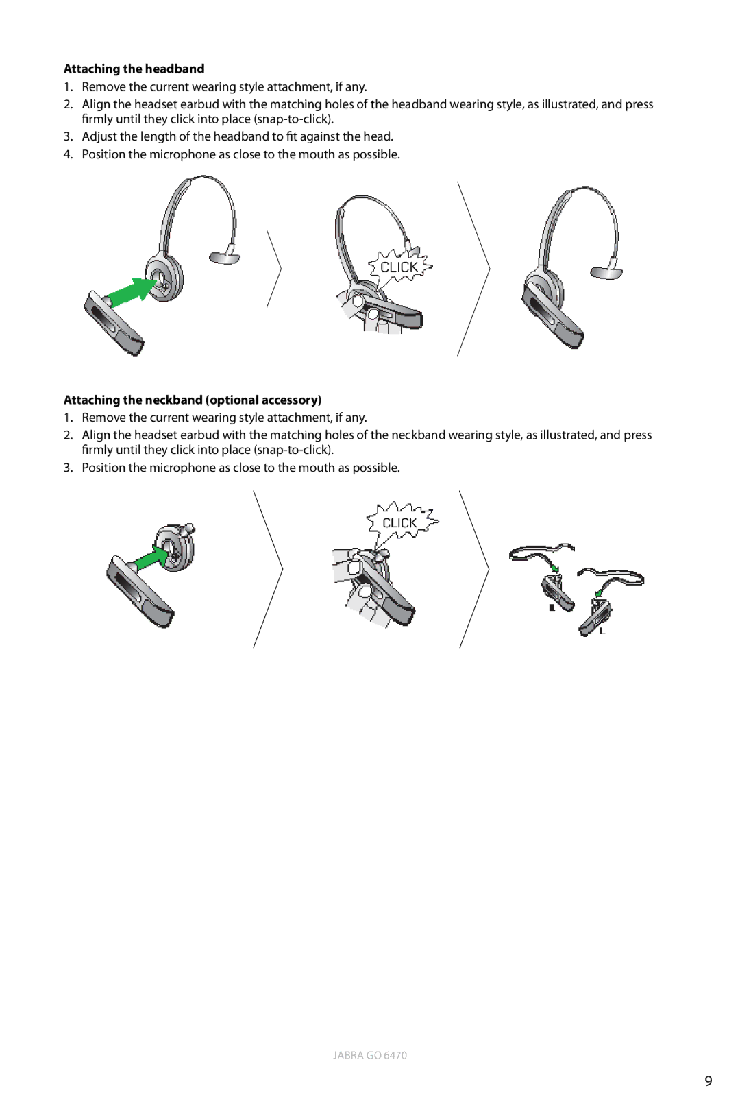 Jabra 6470 user manual Attaching the headband, Attaching the neckband optional accessory 