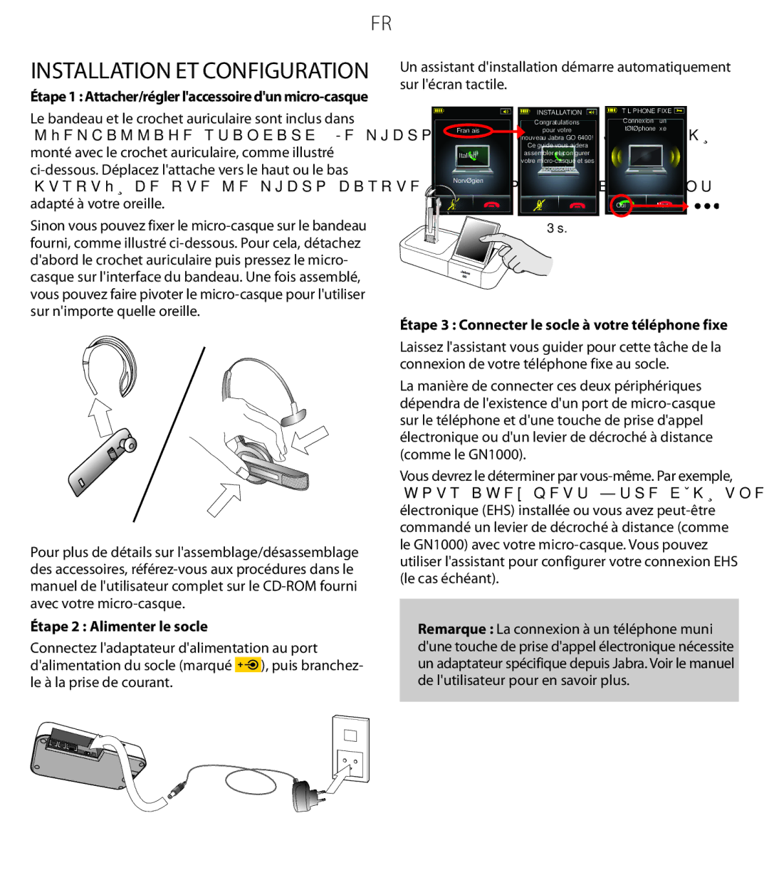 Jabra 6470 Installation et configuration, Étape 2 Alimenter le socle, Étape 3 Connecter le socle à votre téléphone fixe 