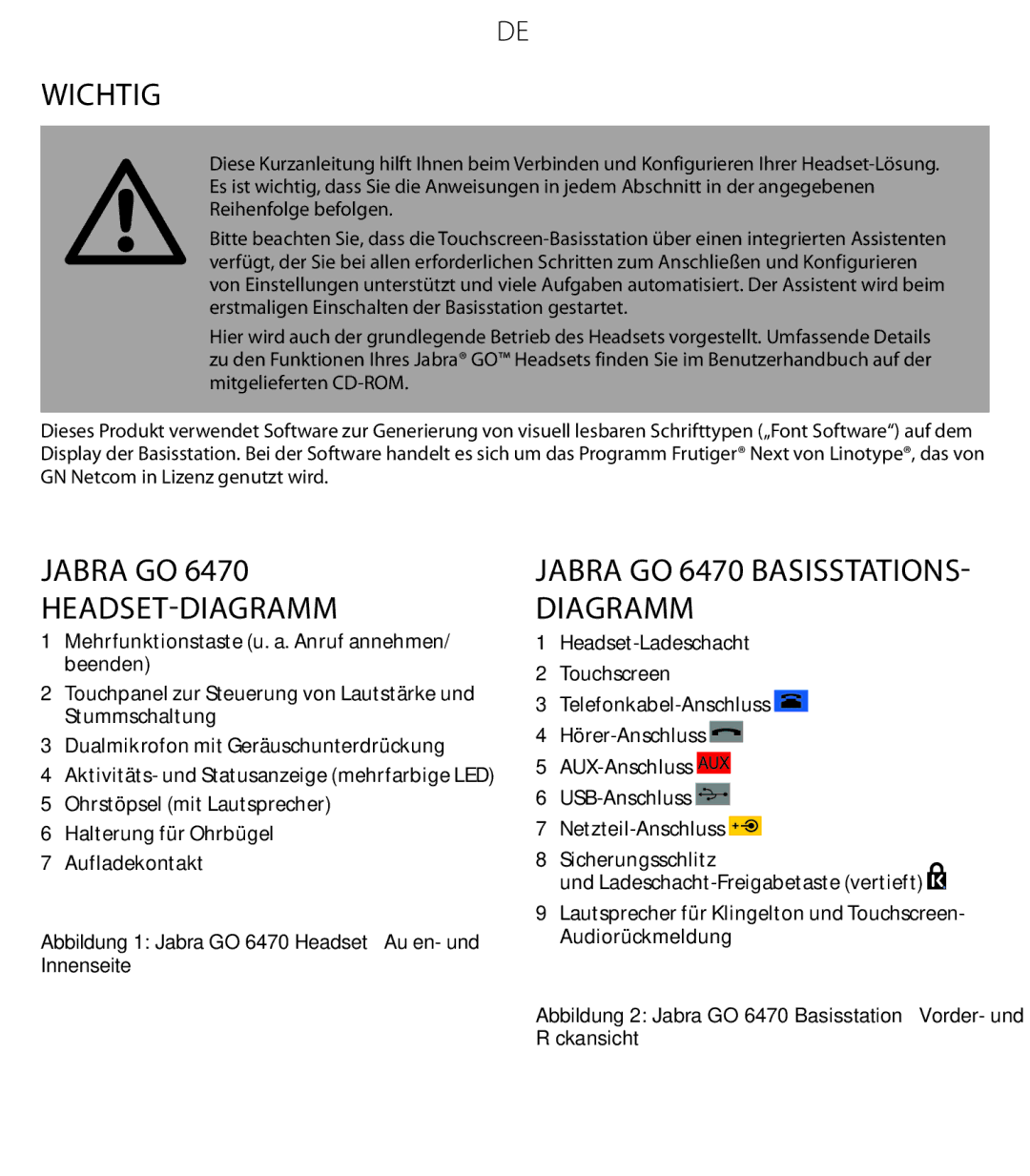 Jabra quick start Jabra GO Headset-Diagramm, Jabra GO 6470 Basisstations- Diagramm 