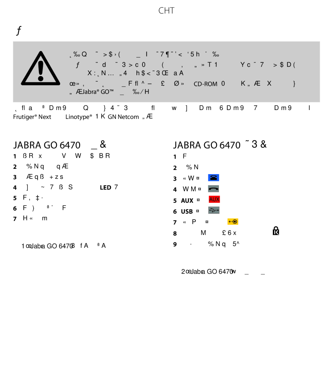 Jabra 6470 quick start AuX 插孔, USb 插孔 