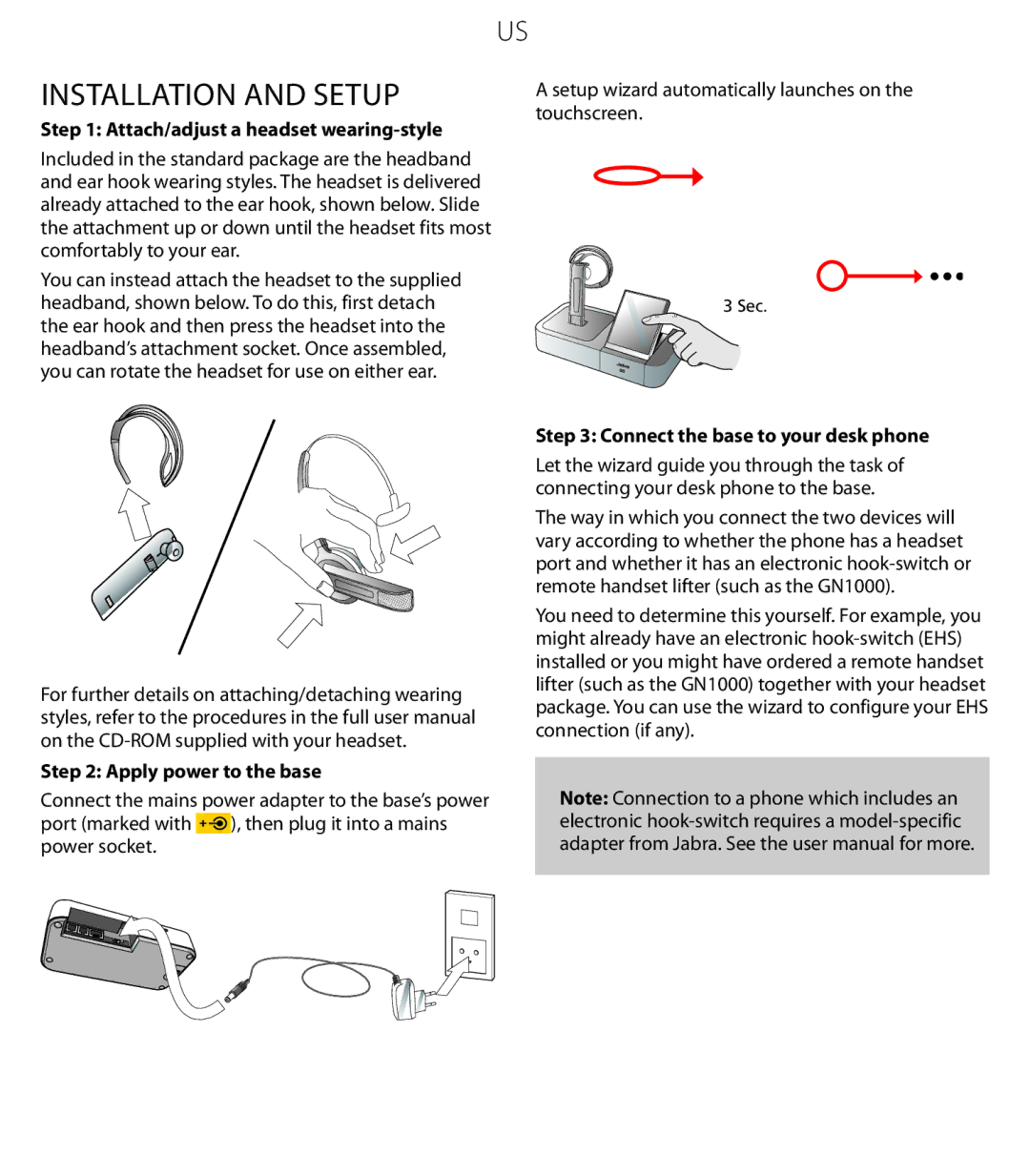 Jabra 6470 quick start Installation and Setup, Attach/adjust a headset wearing-style, Apply power to the base 