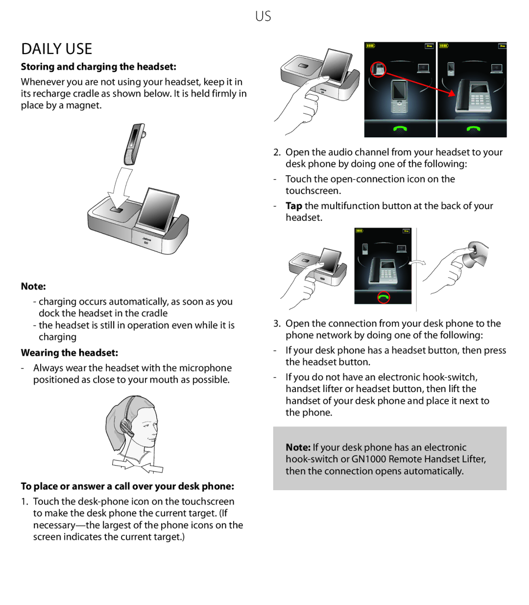 Jabra 6470 quick start Daily Use, Storing and charging the headset, Wearing the headset 