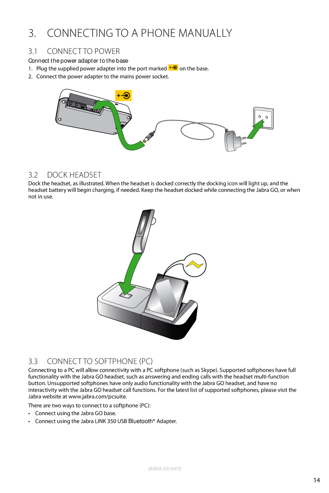 Jabra 6470 user manual Connecting to a phone manually, Dock Headset, Connect to Softphone PC 