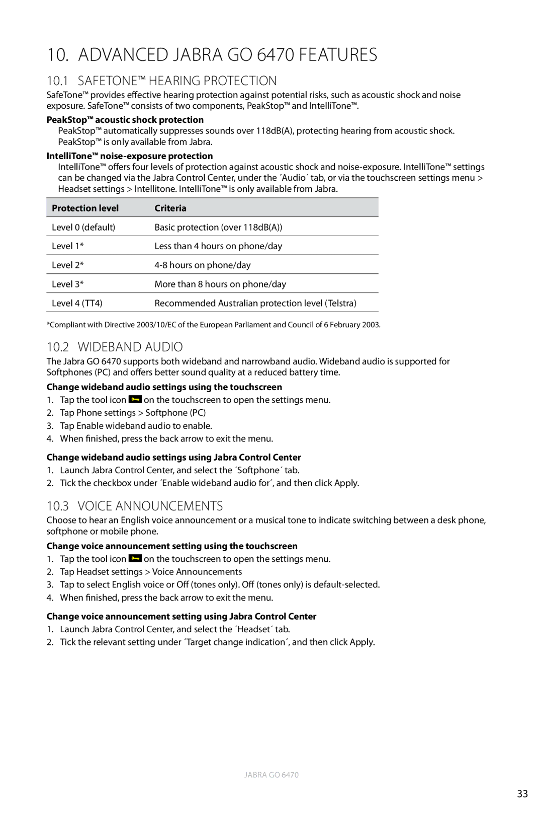 Jabra user manual Advanced Jabra GO 6470 Features, Safetone Hearing Protection, Wideband Audio, Voice Announcements 