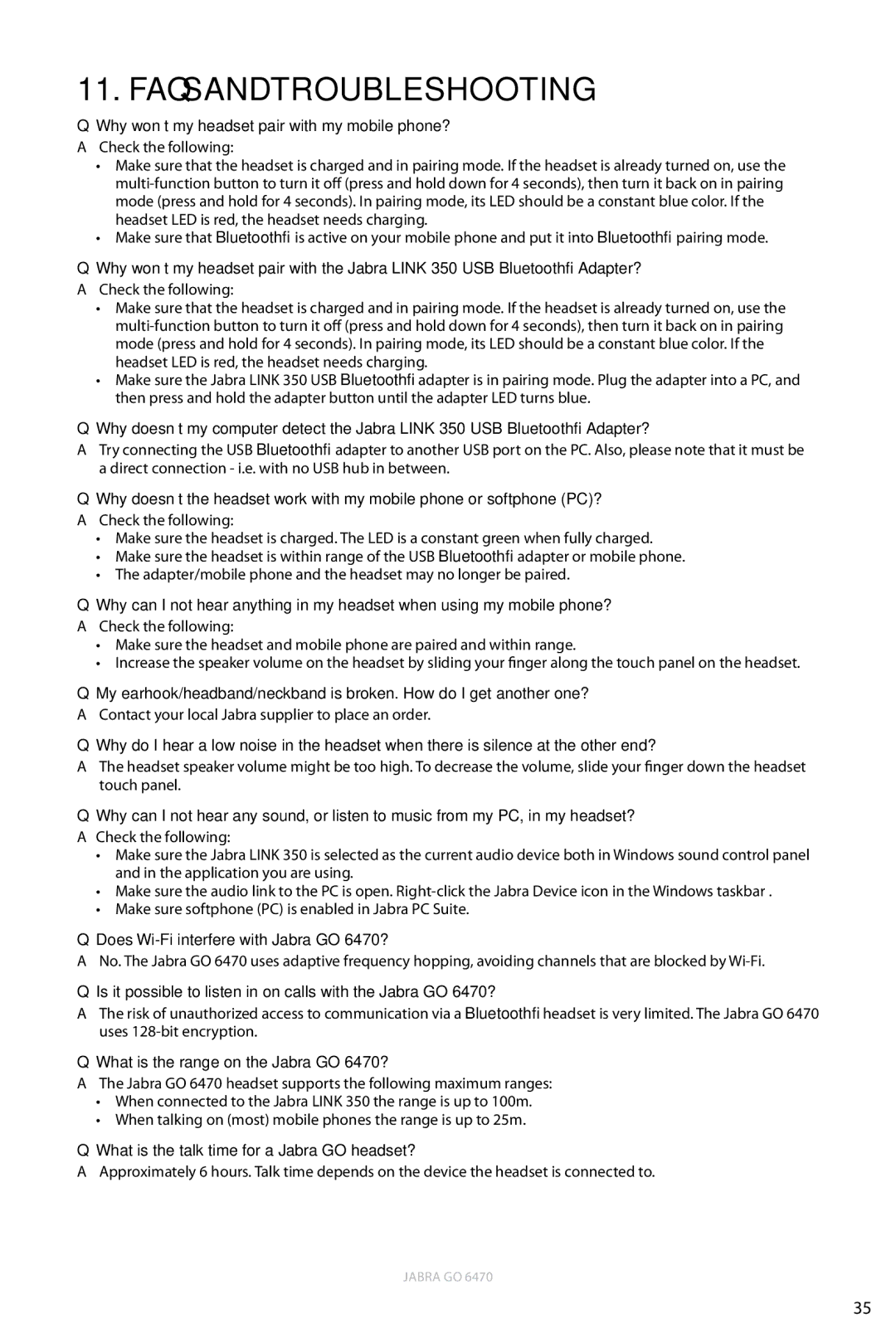 Jabra FAQs and troubleshooting, Does Wi-Fi interfere with Jabra GO 6470?, What is the range on the Jabra GO 6470? 