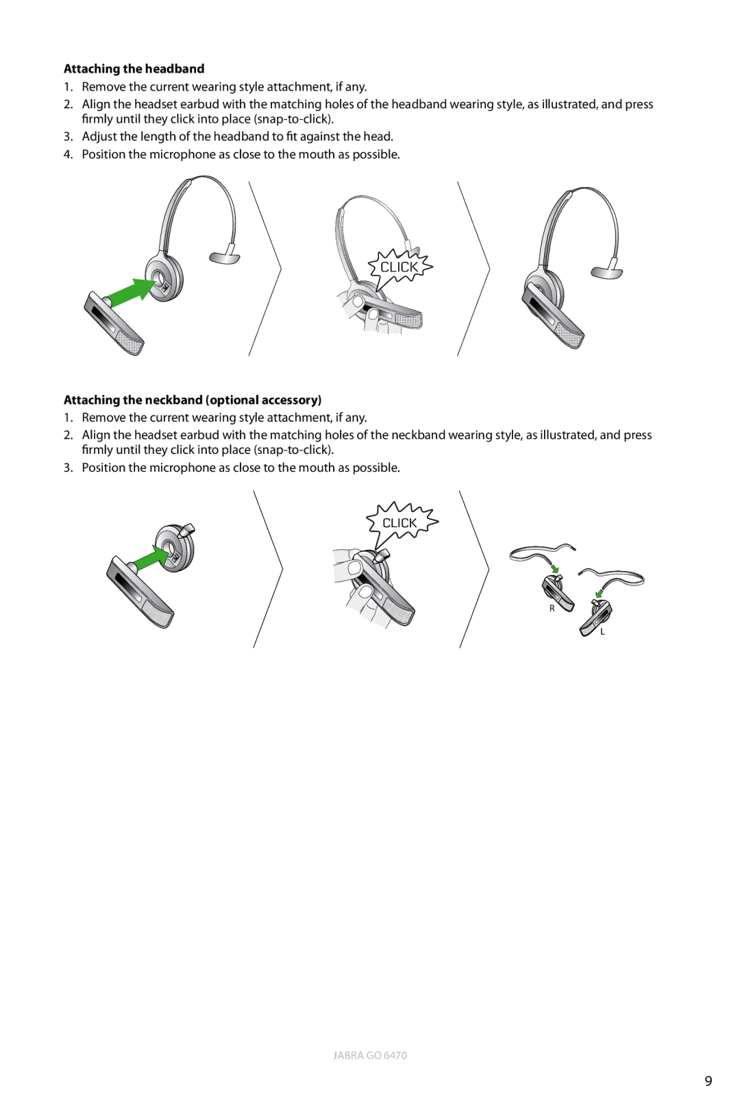 Jabra 6470 user manual Attaching the headband, Attaching the neckband optional accessory 