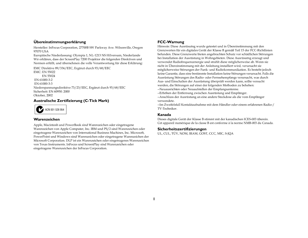 Jabra 7200 manual Übereinstimmungserklärung, Australische Zertifizierung C-Tick Mark Warenzeichen, FCC-Warnung, Kanada 