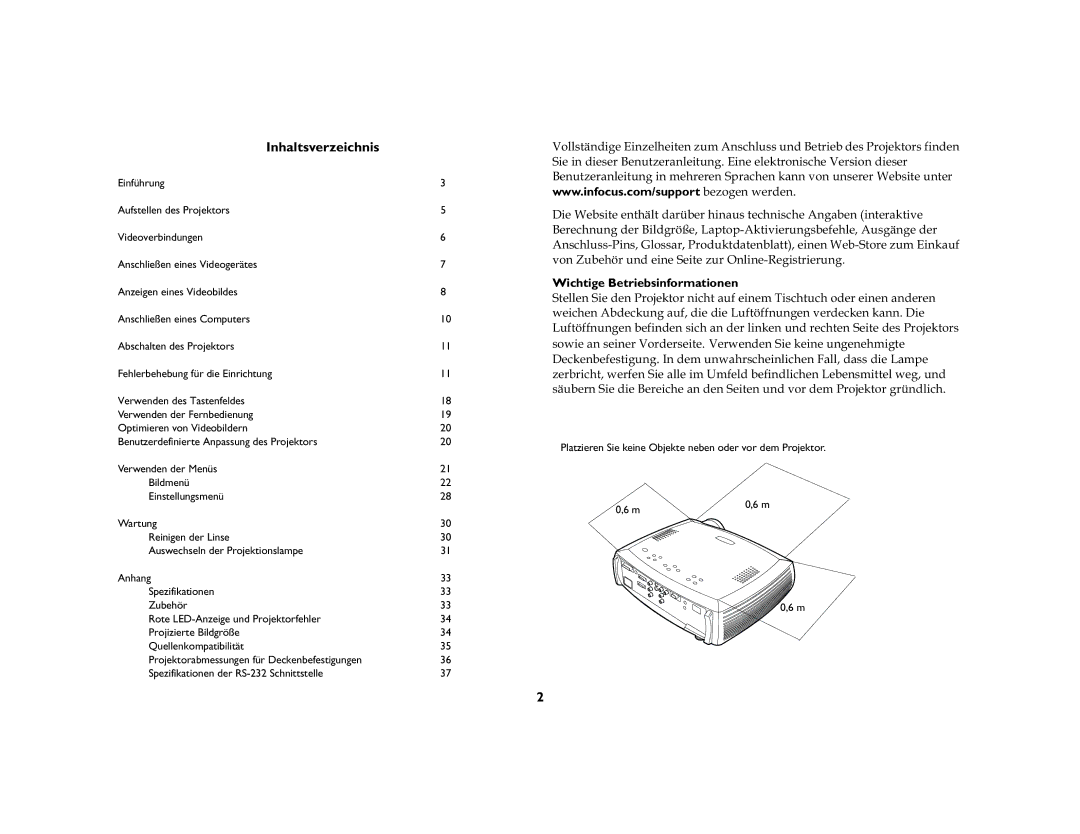 Jabra 7200 Inhaltsverzeichnis, Wichtige Betriebsinformationen, Platzieren Sie keine Objekte neben oder vor dem Projektor 