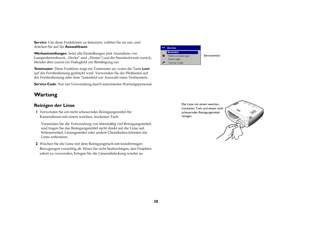 Jabra 7200 manual Wartung, Reinigen der Linse, Werkseinstellungen6HWWDOOHLQVWHOOXQJHQPLW$XVQDKPHYRQ 