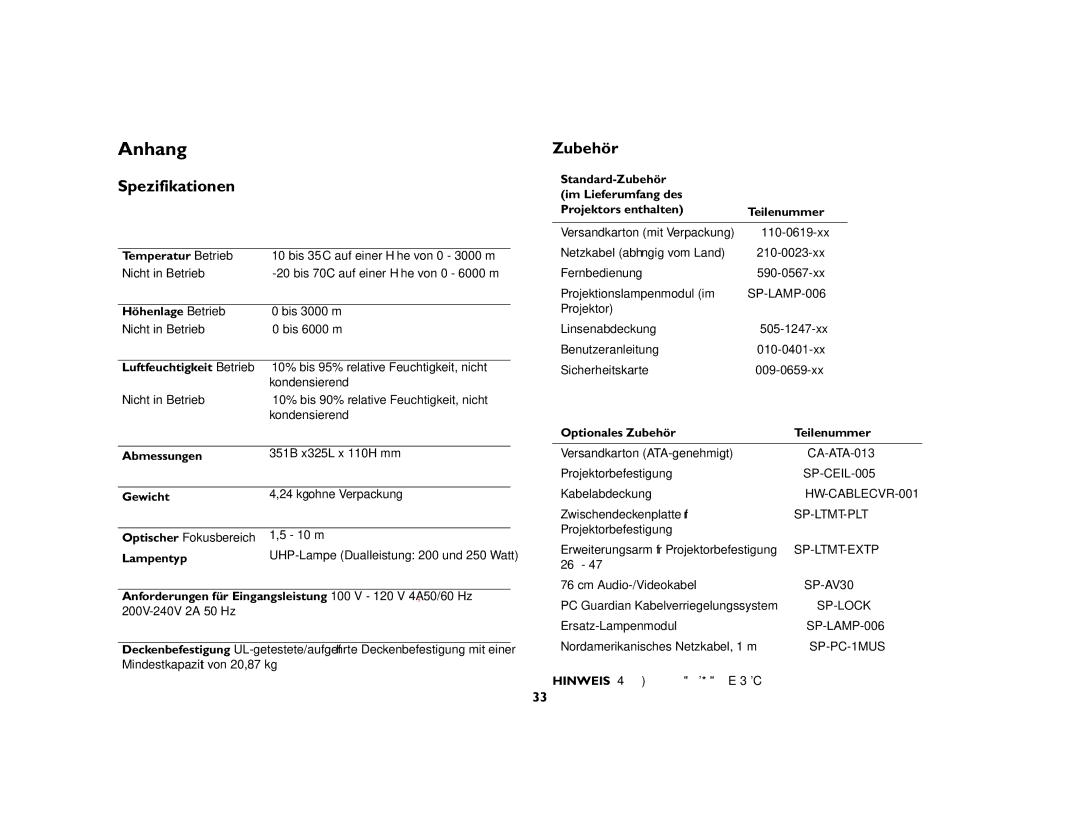 Jabra 7200 manual Anhang, Spezifikationen, Zubehör 