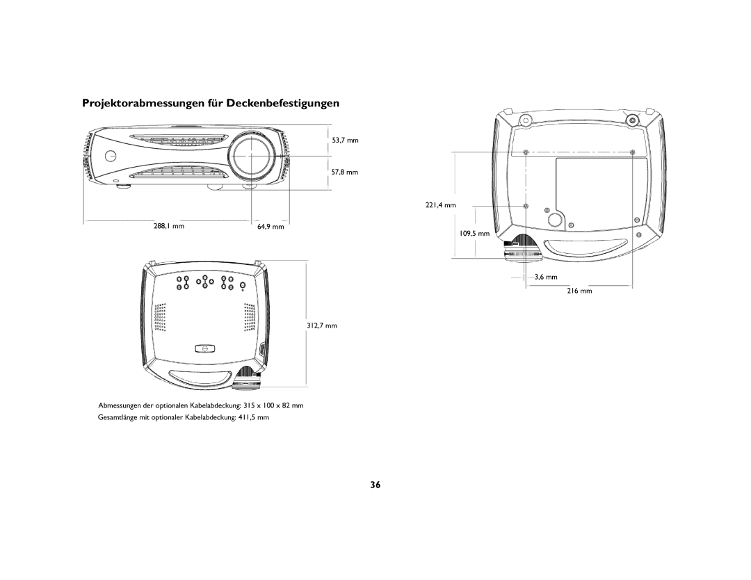 Jabra 7200 manual Projektorabmessungen für Deckenbefestigungen, 53,7 mm 57,8 mm 221,4 mm 288,1 mm 