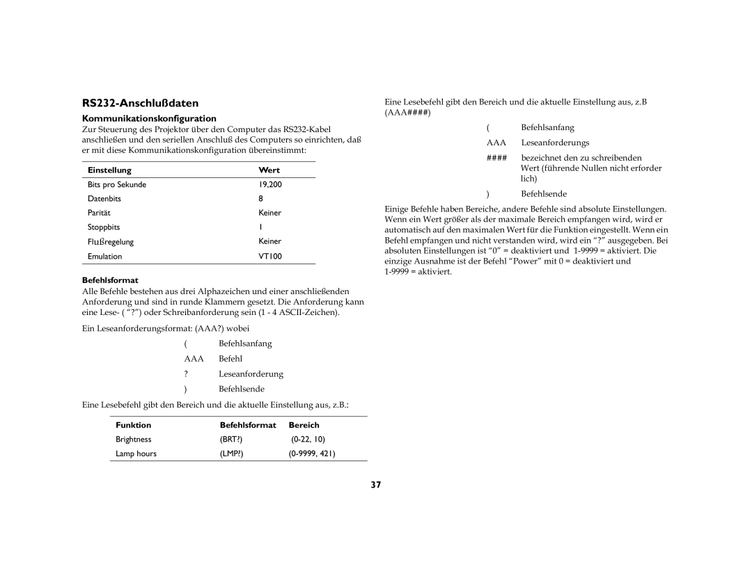 Jabra 7200 manual RS232-Anschlußdaten, Kommunikationskonfiguration, Einstellung Wert, Befehlsformat 