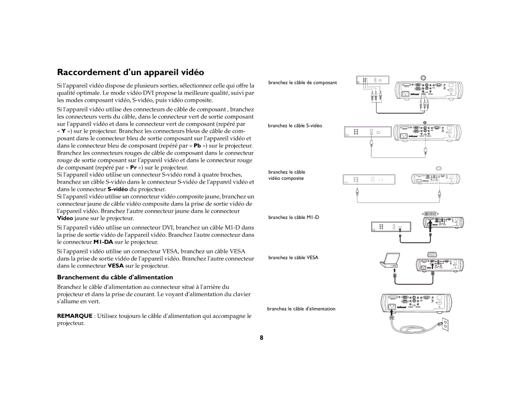 Jabra 7205 manual Raccordement dun appareil vidéo, Branchement du câble dalimentation 