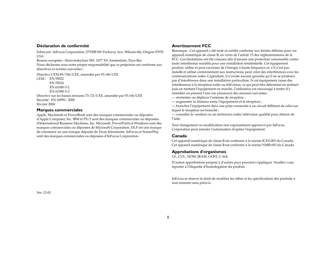 Jabra 7205 manual Déclaration de conformité, Marques commerciales, Avertissement FCC, Canada, Approbations dorganismes 