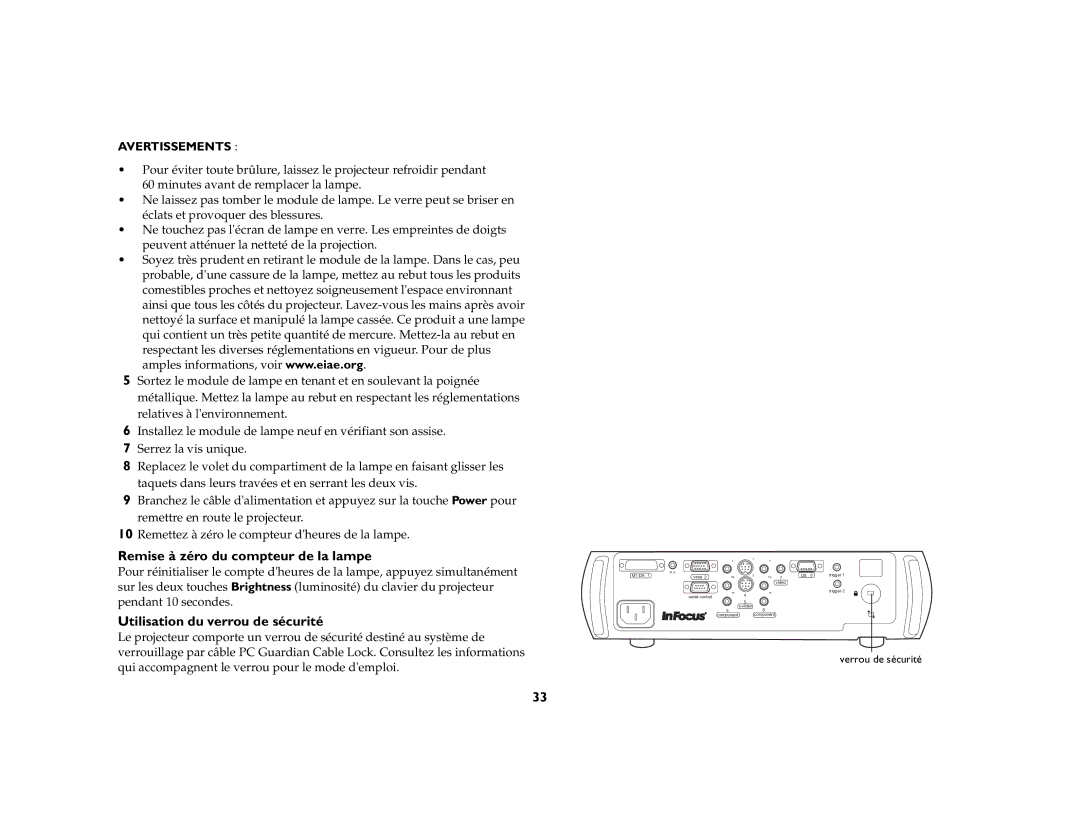 Jabra 7205 manual Remise à zéro du compteur de la lampe, Utilisation du verrou de sécurité 