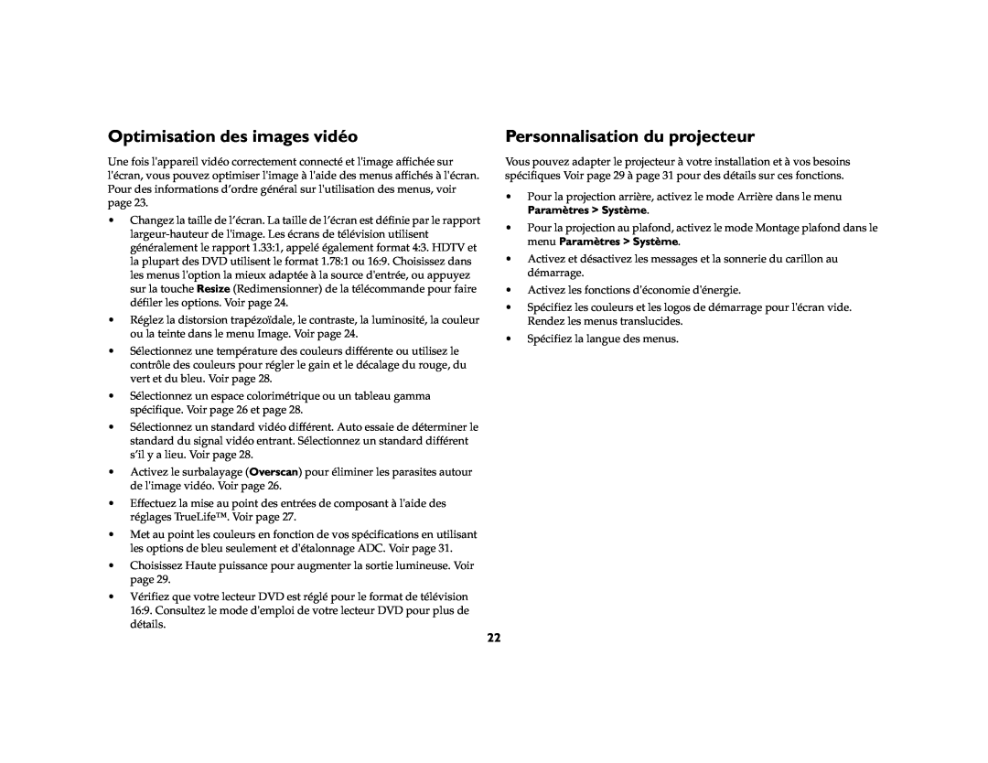 Jabra 7205 manual Optimisation des images vidéo, Personnalisation du projecteur 