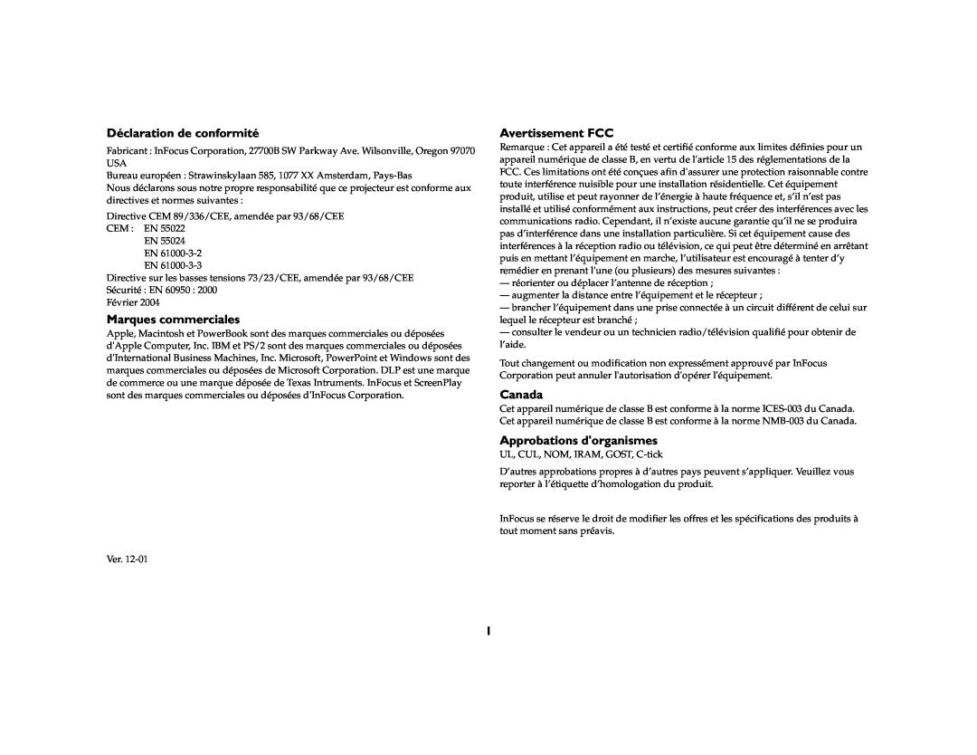 Jabra 7205 manual Déclaration de conformité, Marques commerciales, Avertissement FCC, Canada, Approbations dorganismes 