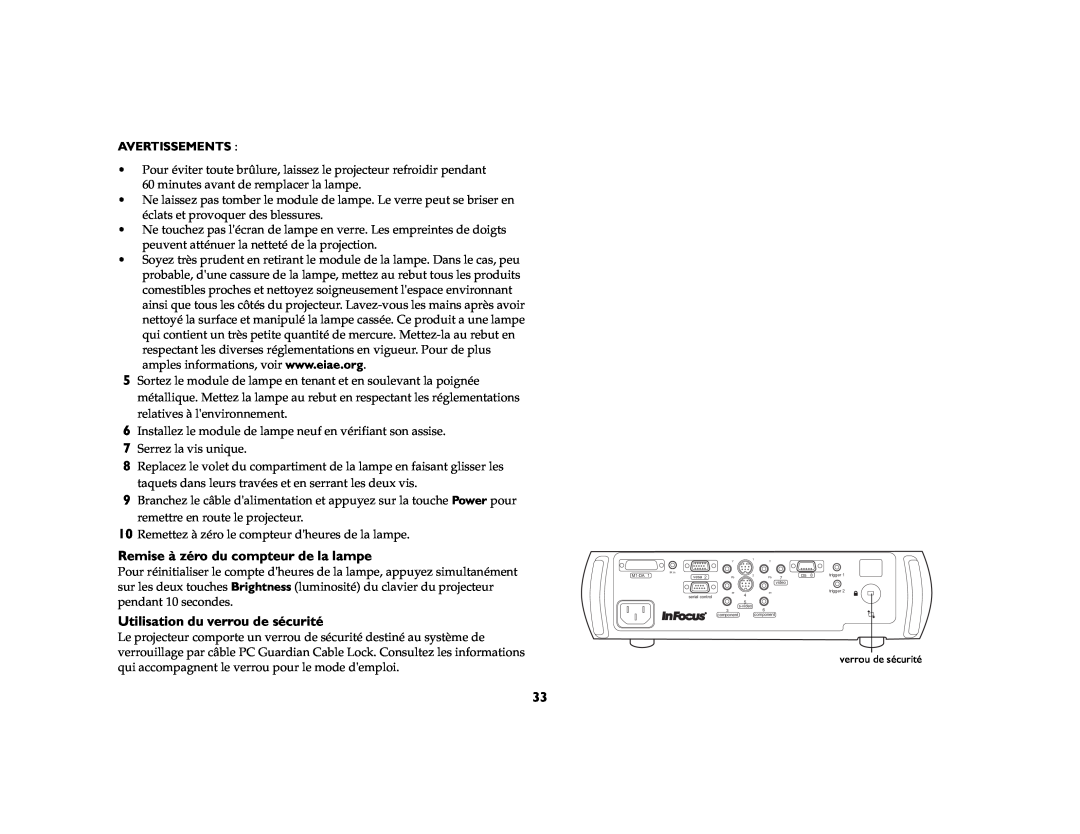 Jabra 7205 manual Remise à zéro du compteur de la lampe, Utilisation du verrou de sécurité, Avertissements 